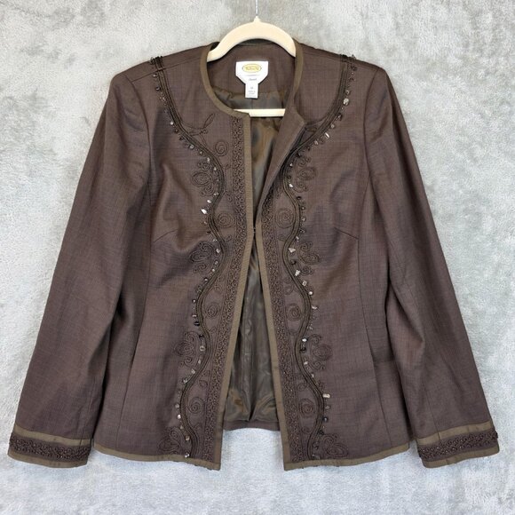 Talbots Jacket Womens 10 Brown Embellished Beaded Trim Open Front Stretch Lined - Picture 1 of 11